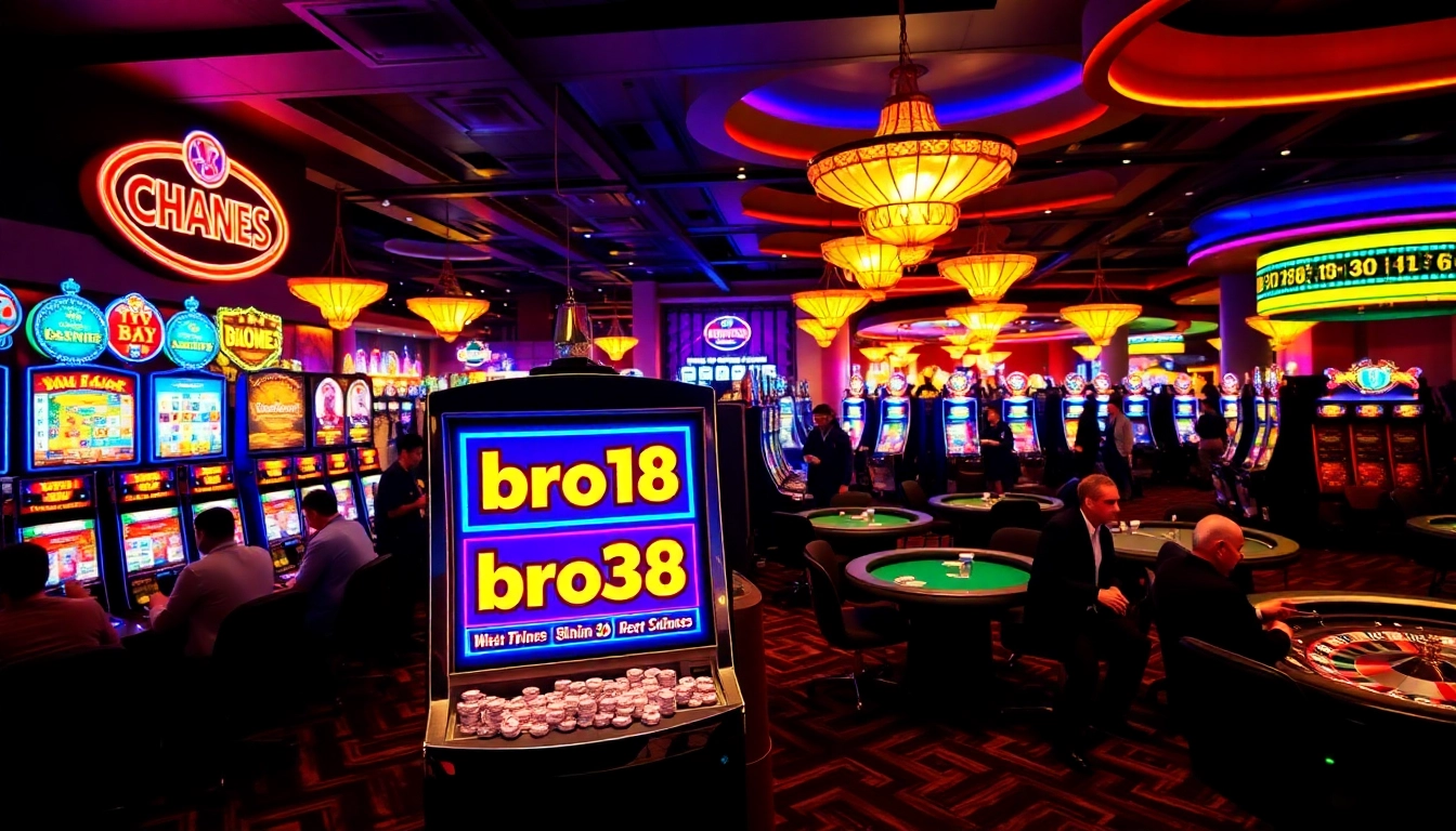 Players engaging with slot machines at the luxurious bro138 casino platform, showcasing excitement and winning potential.