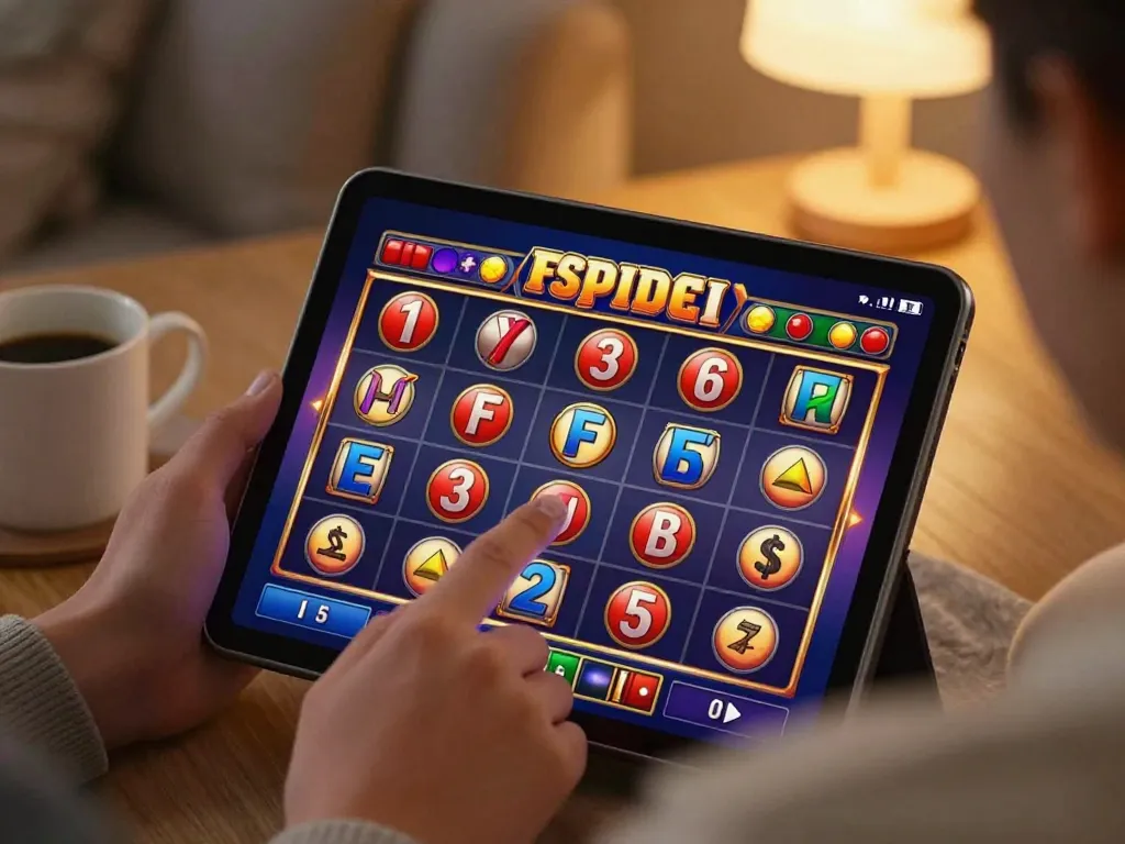 Experience thrilling online slots gameplay with 98win on a tablet in a cozy home setting.
