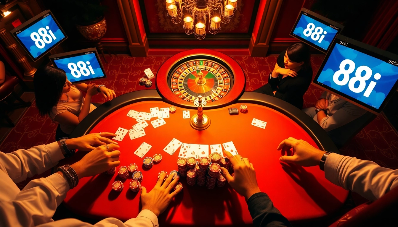 Experience a thrilling poker game at 88i with excited players and vibrant casino decor.