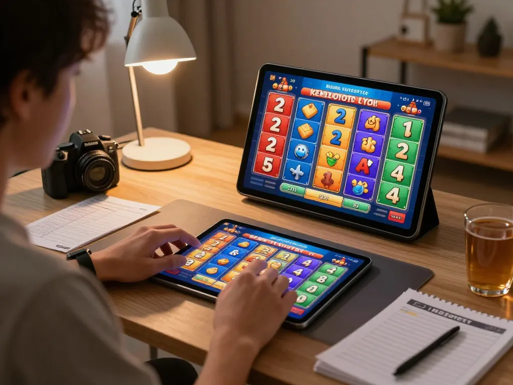 Pemain Kenzototo menganalisis hasil lotere di tablet dalam pengaturan rumah yang nyaman, fokus pada strategi permainan.