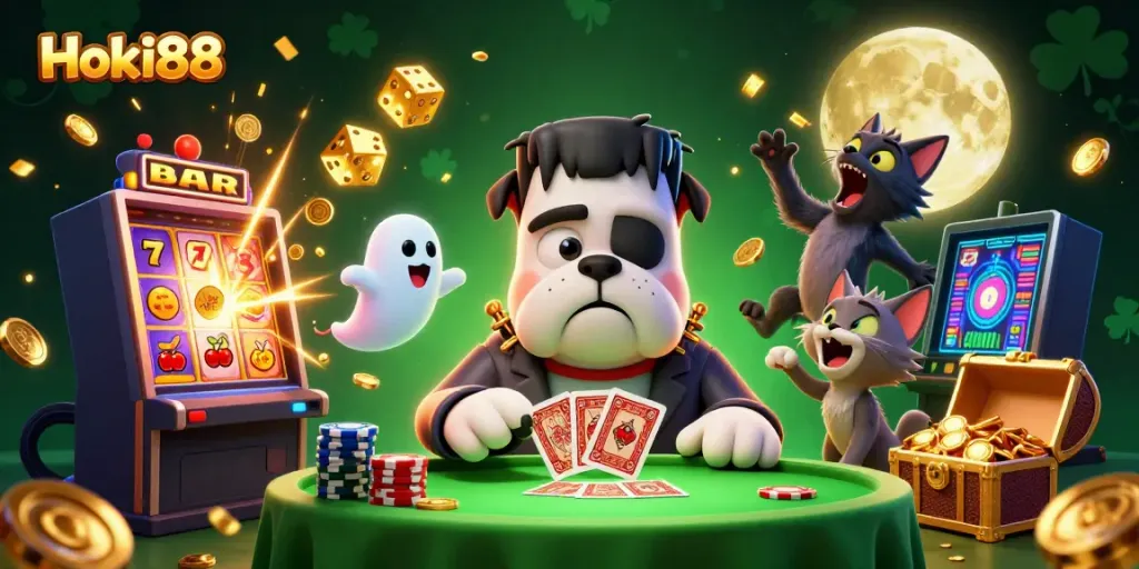 Permainan slot Hoki88 yang menarik dengan monster bulldog dan kucing werewolf di kasino digital.