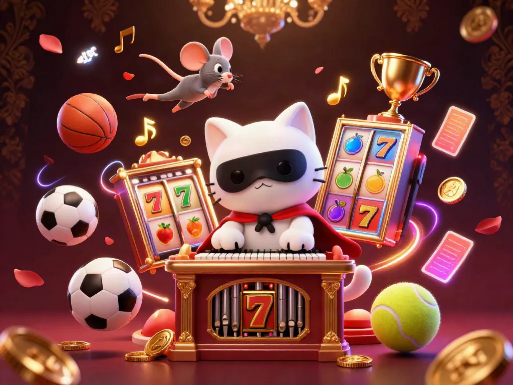 Permainan slot menampilkan kucing putih Phantom dengan topeng di organ kasino, dikelilingi koin emas.