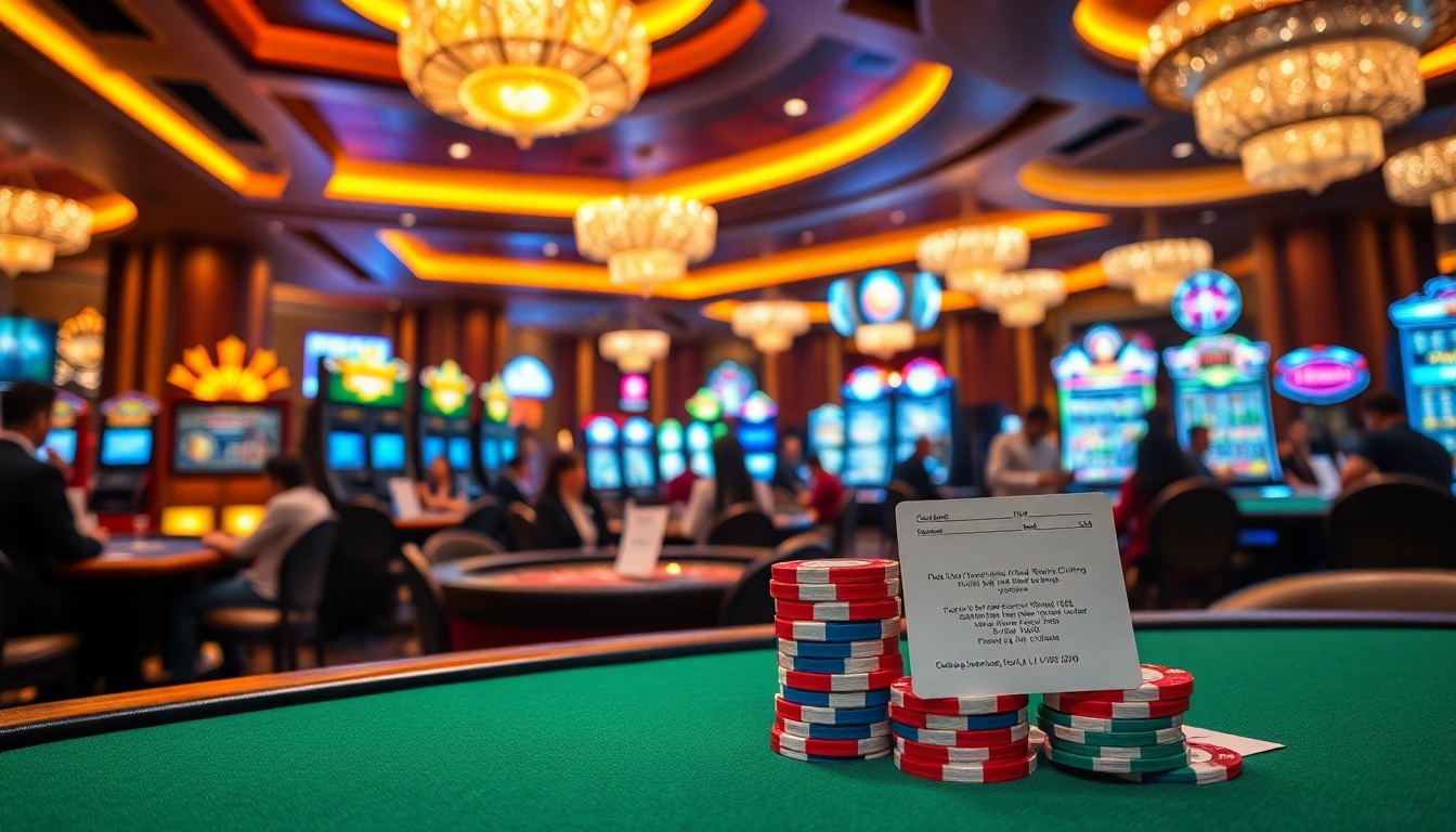 Engaged players enjoying the vibrant casino atmosphere at https://lv88seo.com/ with slot machines and poker chips.