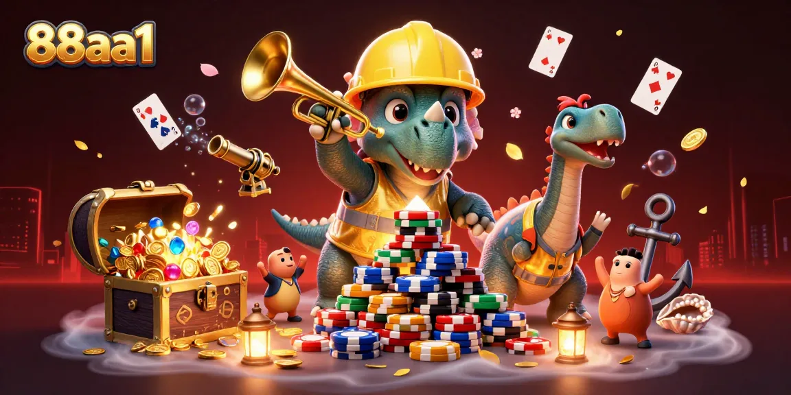 88aa1 promotes thrilling adventures in a dynamic casino-themed 3D illustration with triceratops and treasure.
