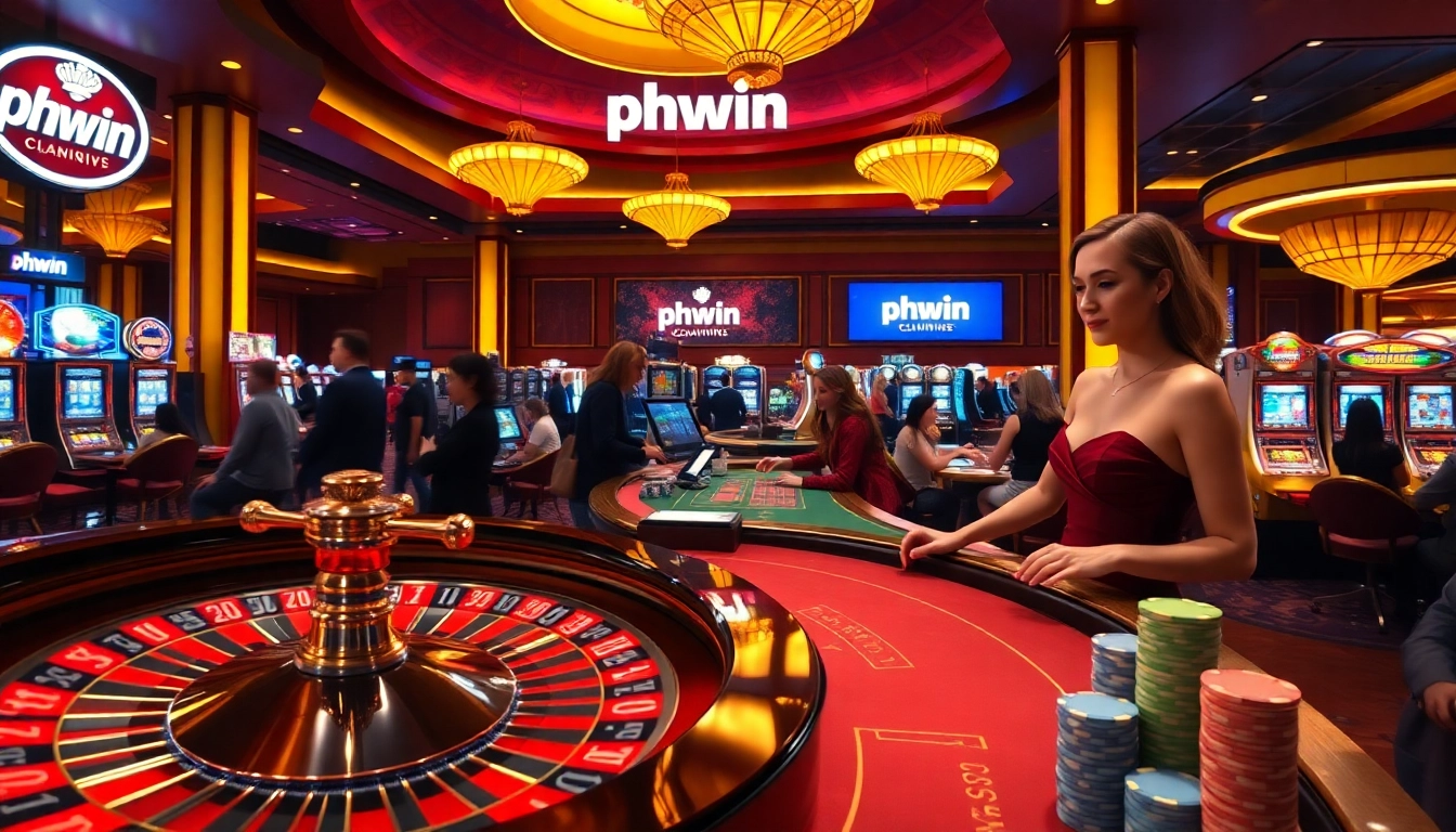 Gamblers enjoying a vibrant casino experience at phwin with poker tables and slot machines.