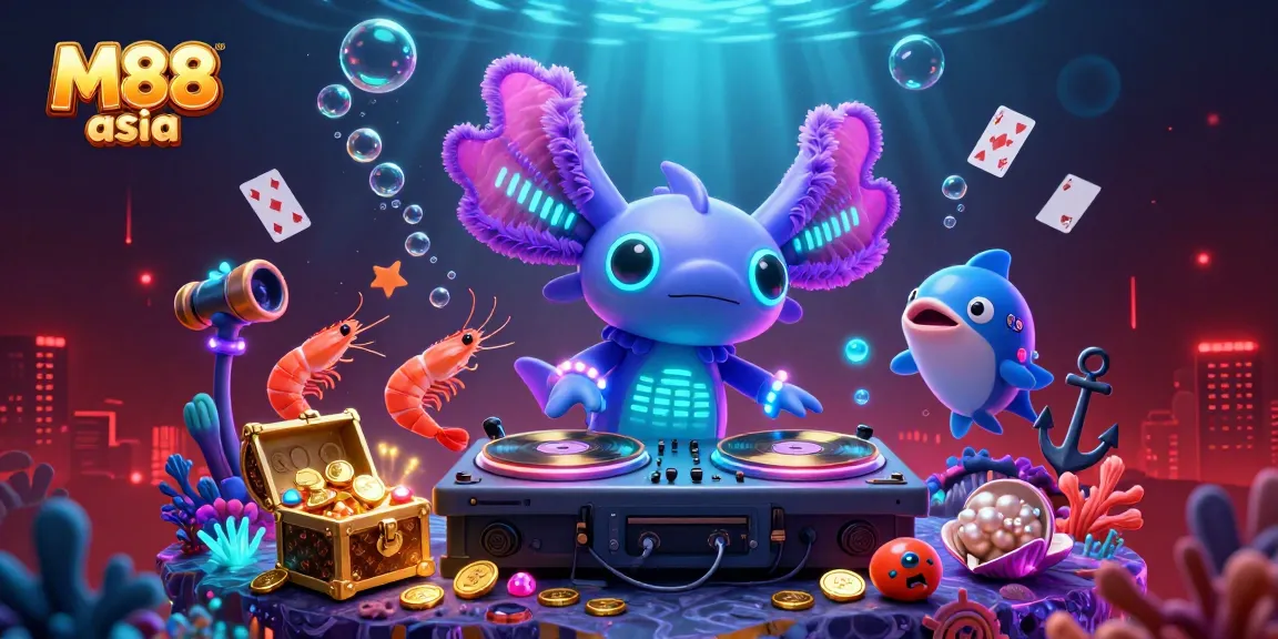 M88 asia offers vibrant online gambling with an energetic DJ scene featuring neon axolotls and fun gaming elements.