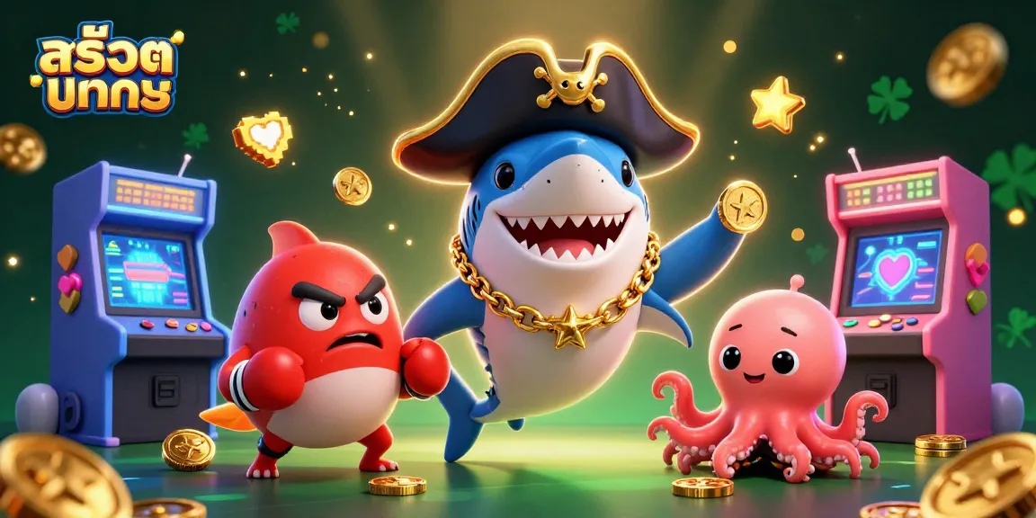 Engage in สล็อตทดลอง with a lively 3D illustration featuring pirate shark, pufferfish, and octopus.