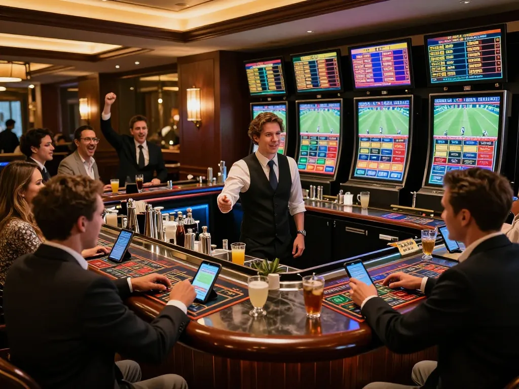 Players engaged in sports betting at Net88's sleek venue, showcasing excitement and strategy.