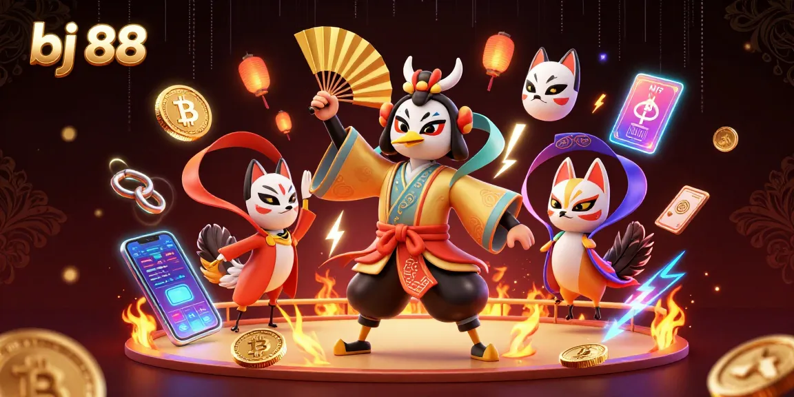 Engage in thrilling cockfighting action with bj 88, featuring a kabuki warrior and digital elements.