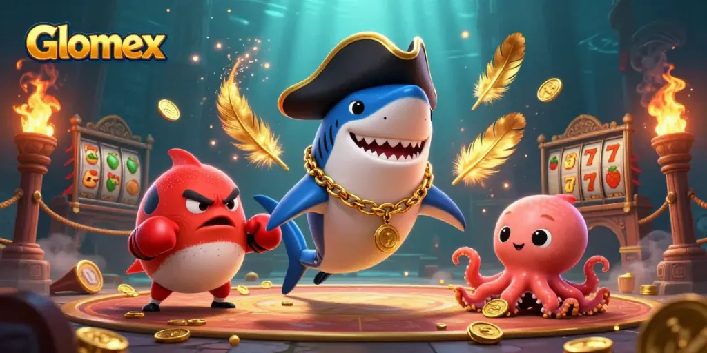 Engage in thrilling Glomex casino adventures with a vibrant, action-packed scene featuring our playful characters.