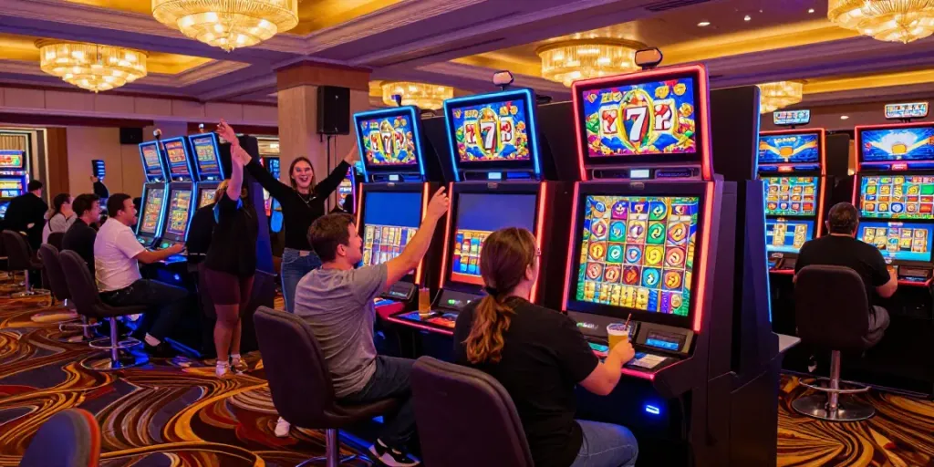 Exciting Lucky777 casino gaming scene with players enjoying colorful slot machines and vibrant atmosphere.