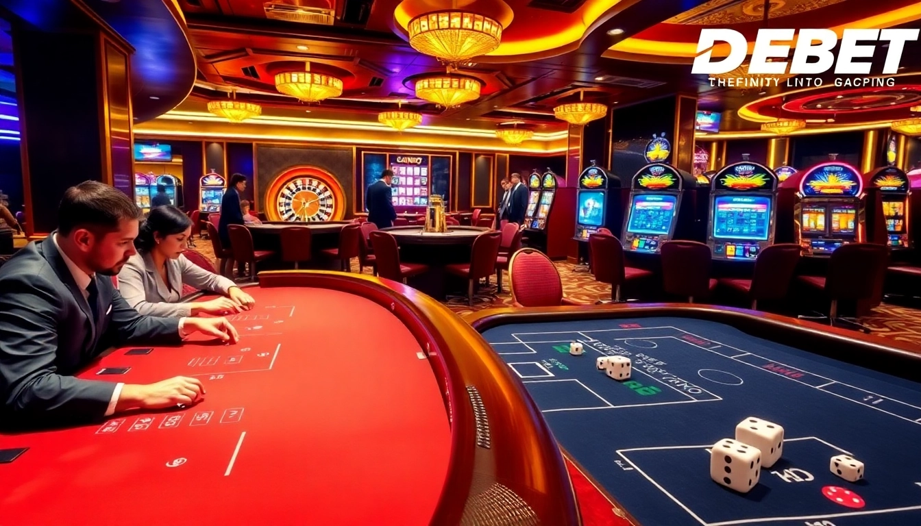 Players enjoying a vibrant gaming experience at DEBET casino tables with colorful slots and roulette.