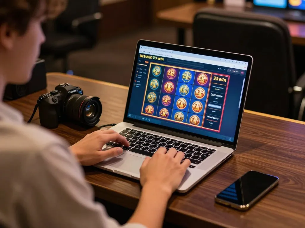 33win mobile gaming session with vibrant slot game visuals on laptop screen.