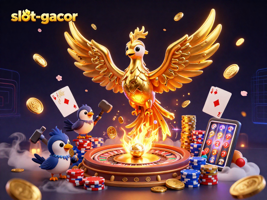 Experience thrilling slot-gacor gameplay with a golden phoenix, coins, and a vibrant casino atmosphere.