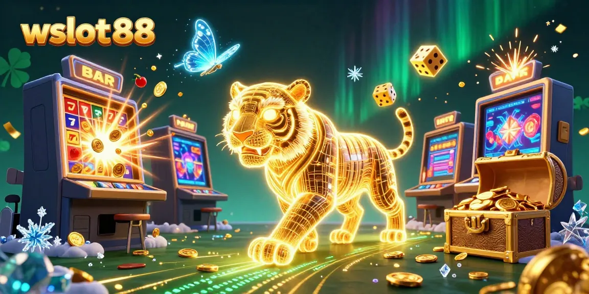 Visualisasi perjudian online wslot888 dengan macan emas dan mesin slot penuh cahaya