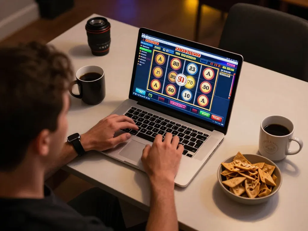 Nohu90 online gaming experience with a laptop showing colorful slots in a cozy setting.
