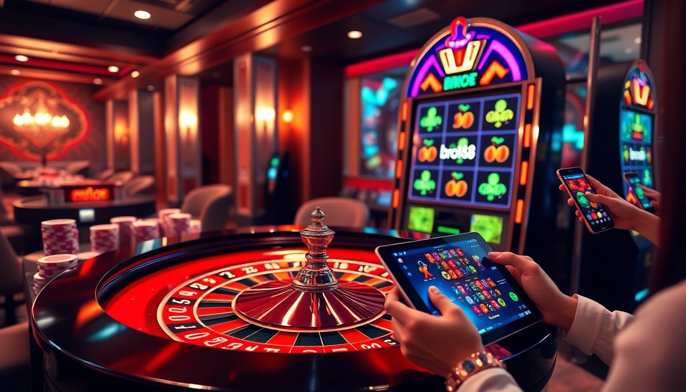 Experience excitement at bro138 with vibrant gaming scenes featuring roulette, poker, and slots.