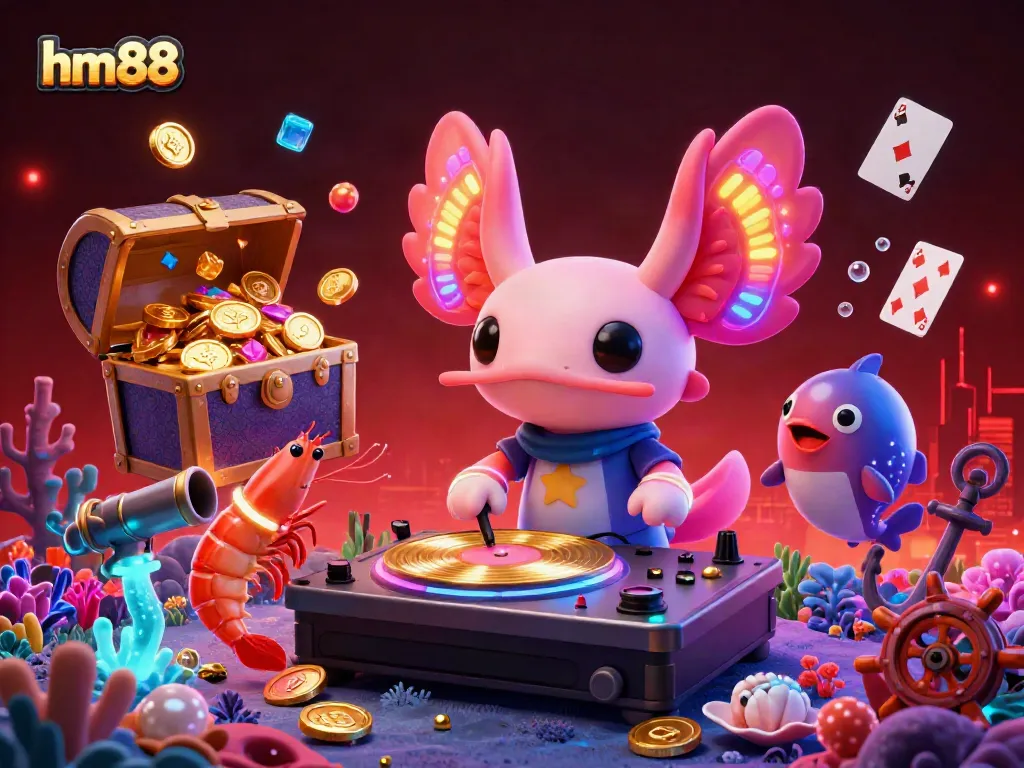 Experience vibrant gameplay at hm88 with a neon-colored axolotl DJ surrounded by lively ocean creatures and casino-themed elements.
