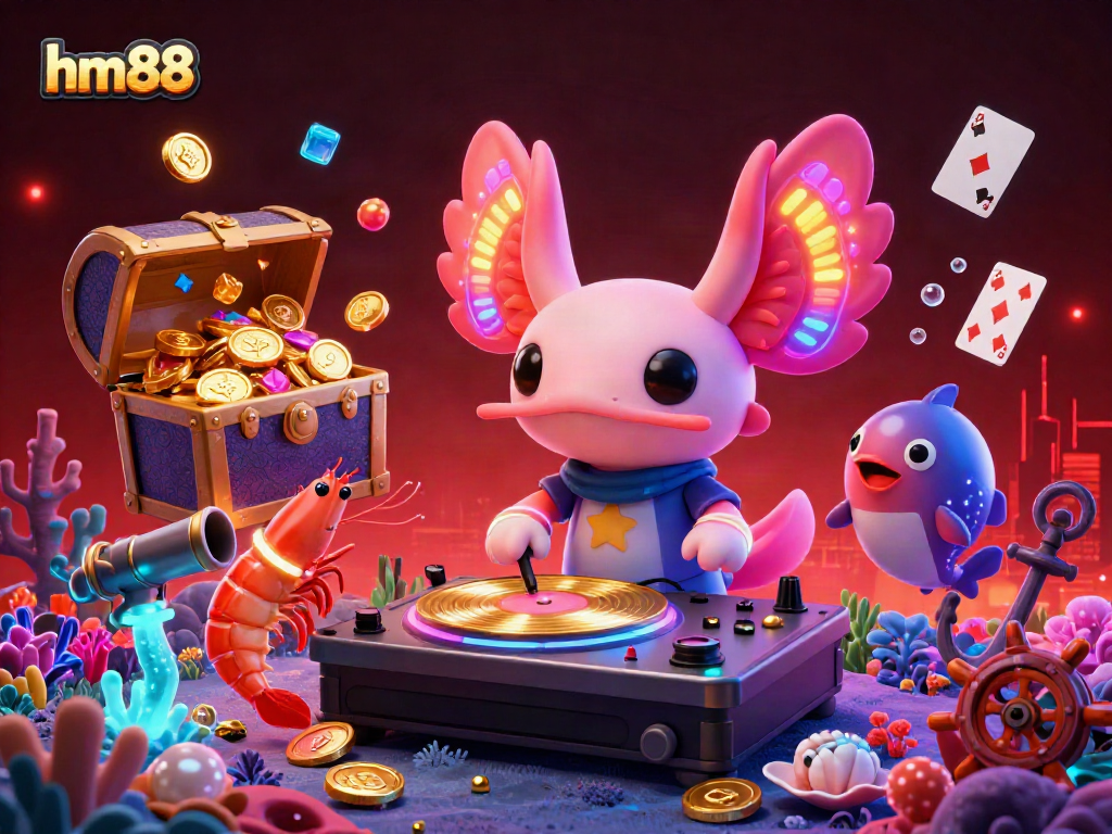 Experience vibrant gameplay at hm88 with a neon-colored axolotl DJ surrounded by lively ocean creatures and casino-themed elements.