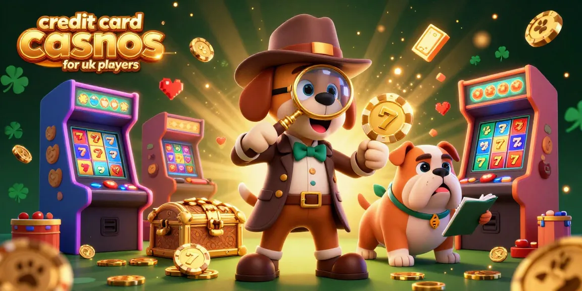 Experience excitement at credit card casinos for UK players with a detective and his bulldog uncovering treasures among slot machines.