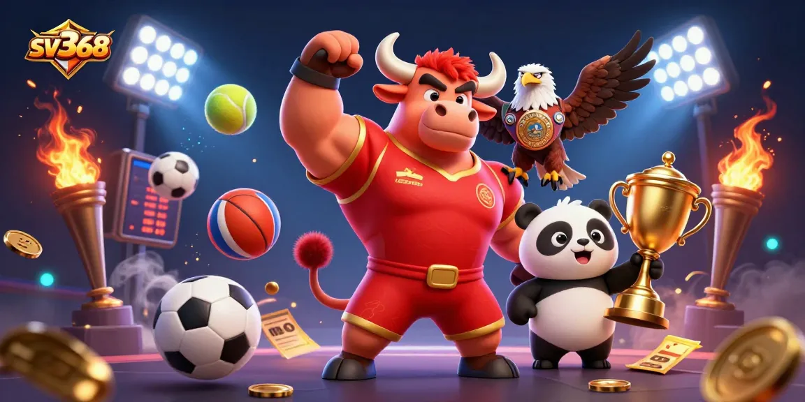 Experience the thrill of sv368 betting with dynamic sports elements and mascots celebrating victory.