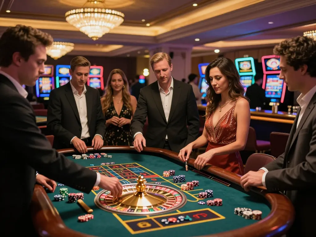 Players engaging at Bbet roulette table with spinning wheel and vibrant casino atmosphere