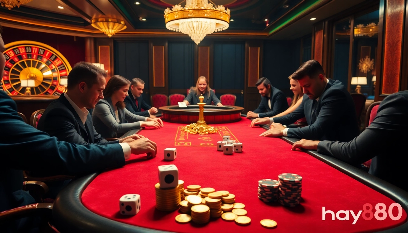 Thrilling gaming action at a hay88 casino table with poker chips and dice.