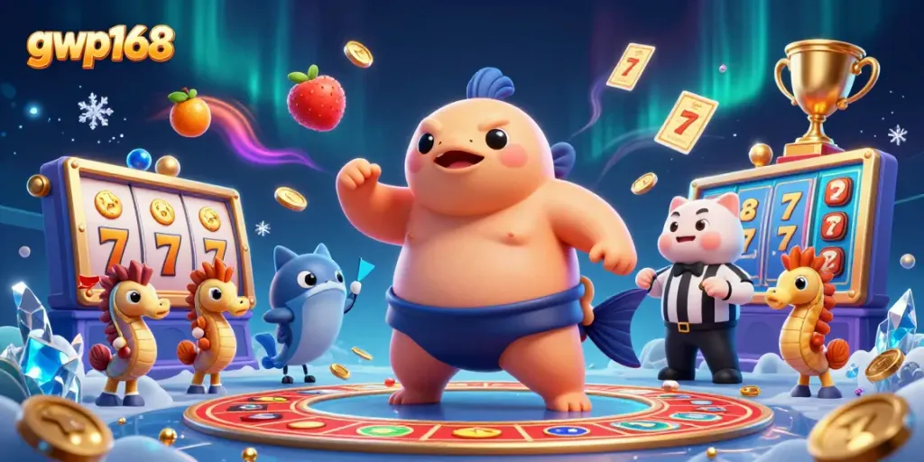 GWP168 menghadirkan ilustrasi permainan slot dengan fugu dan juri ikan lele di latar belakang yang menarik.