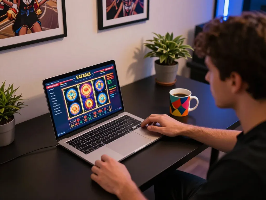 Player enjoying FAFA828 online slots on a laptop in a cozy gaming setup, emphasizing strategic gameplay
