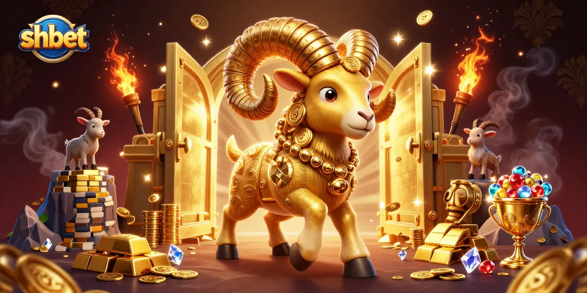 Experience the action at shbet with a golden ram charging through a treasure vault, surrounded by riches.