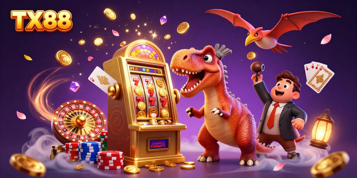 TX88 invites players to spin for jackpots amidst flying coins and exhilarating casino action.