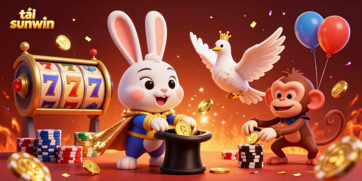 Engage in the thrill of tải sunwin with a 3D cartoon scene featuring gambling antics and celebratory elements.