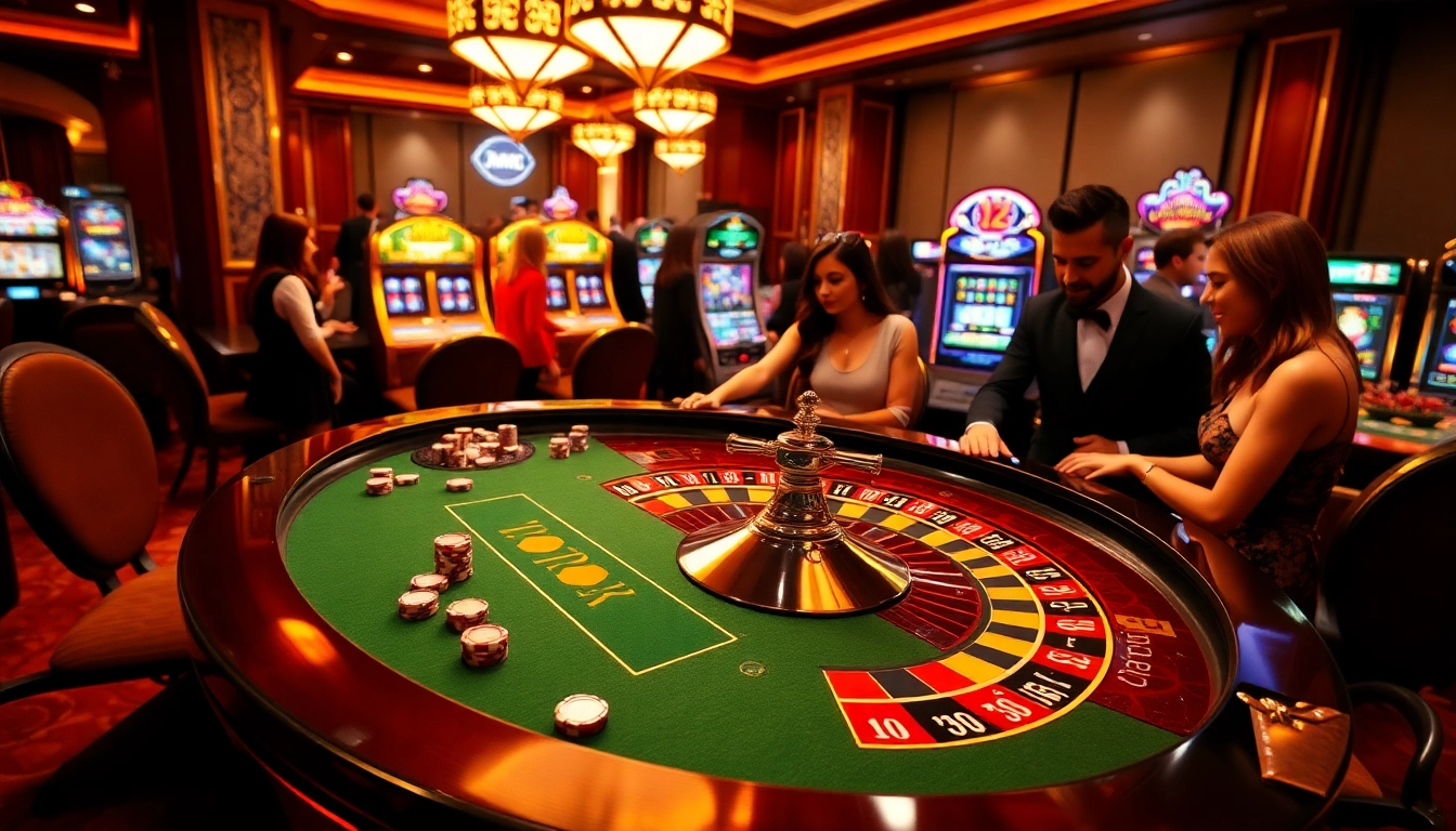 Players enjoying an exciting game of roulette at win678 casino, showcasing vibrant casino elements.