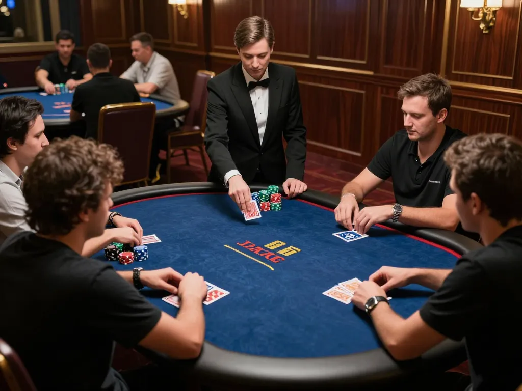 Players strategize around a high-stakes poker table at Casinosscope, showcasing excitement and camaraderie in a luxurious setting.