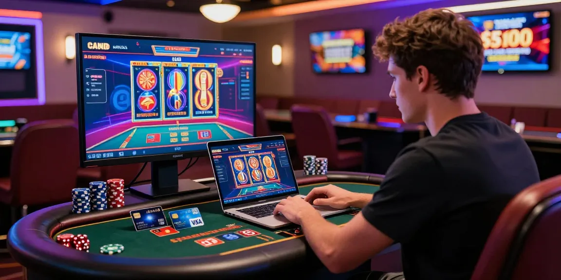 Exciting gaming atmosphere at credit card casinos UK, showcasing player engaging with diverse payment options and vibrant games.
