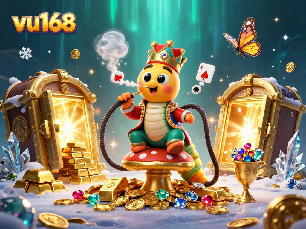 Engage with the vu168 online gambling scene as a whimsical caterpillar master offers poker symbols in a treasure-filled environment.