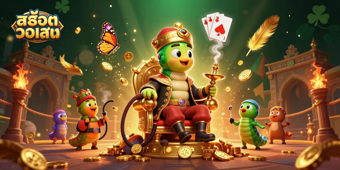 Engage with the world of สล็อตวอเลท through this vibrant casino-themed illustration showcasing a whimsical master and shimmering game elements.