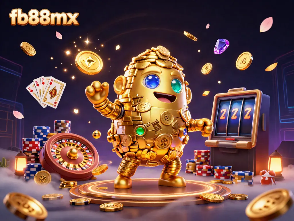 Engage with fb88mx’ vibrant 3D golden golem and exciting casino scenes featuring coins, cards, and gems.
