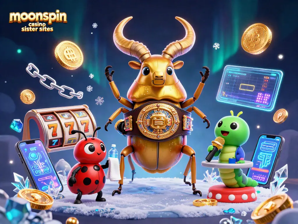 Play exciting games at moonspin casino sister sites, featuring vibrant scenes with colorful slot machines and casino characters.