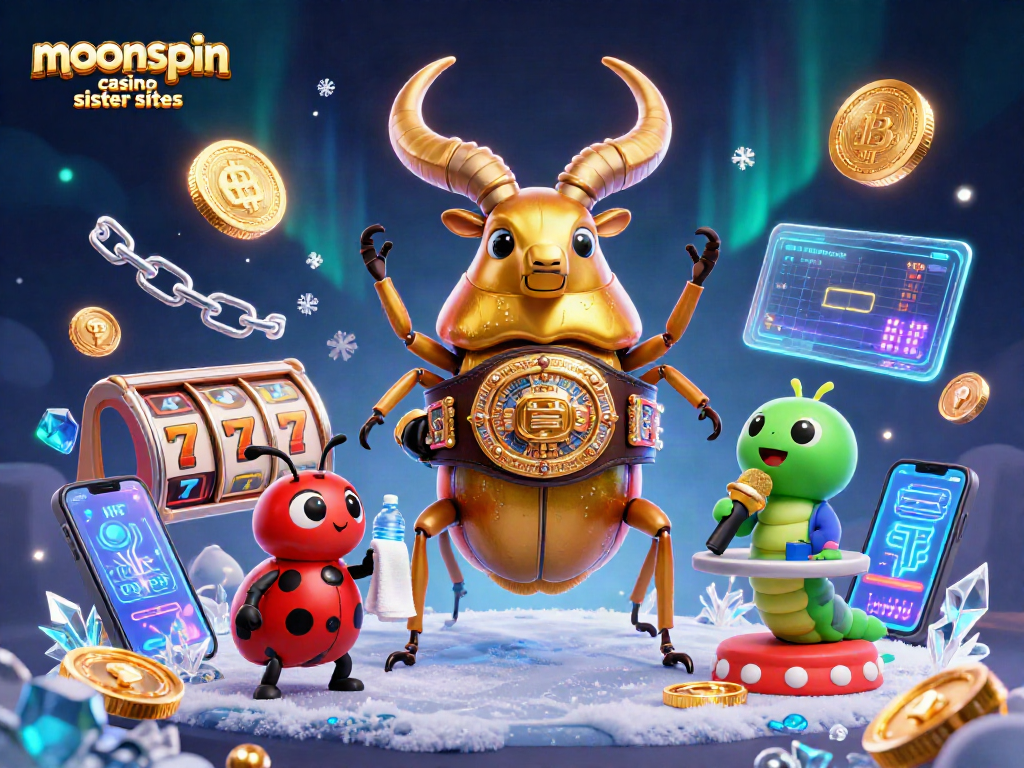 Play exciting games at moonspin casino sister sites, featuring vibrant scenes with colorful slot machines and casino characters.