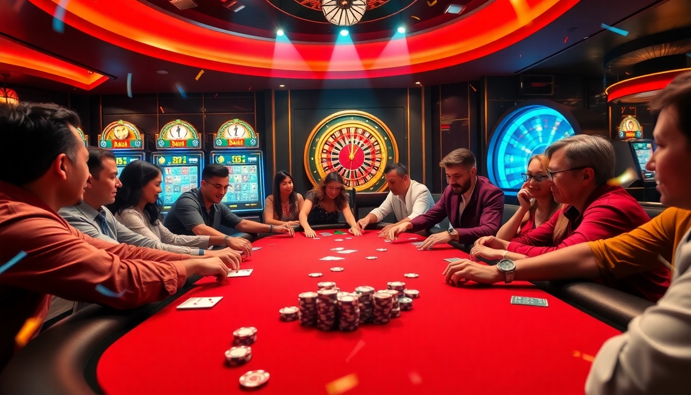 Experience the excitement of bro138 with players enjoying a festive poker game at a lavish casino table.
