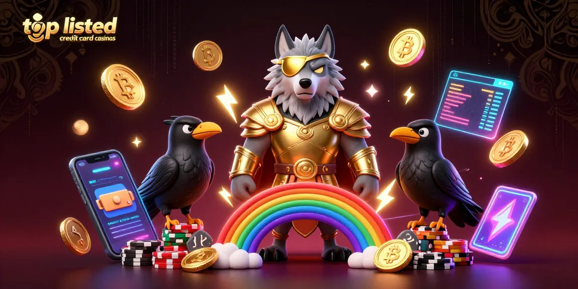 Engaging scene with top listed credit card casinos featuring Odin and two ravens amidst casino elements.