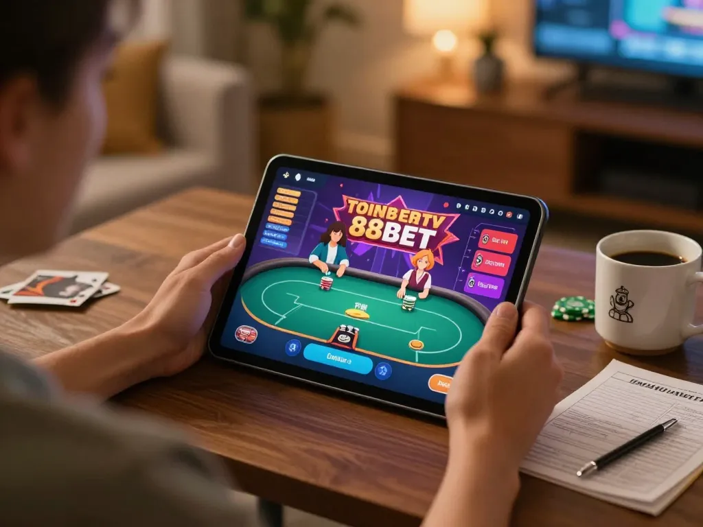 This scene shows online gambling on https://88bet.zone/ with a user enjoying poker from a tablet in a cozy setting.