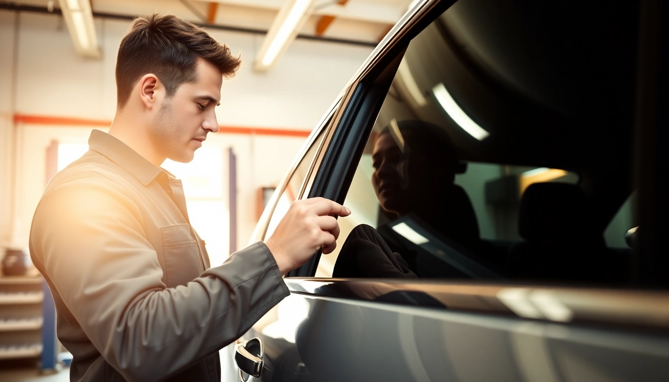 Apply professional auto window tint near me with a skilled technician in a bright garage.