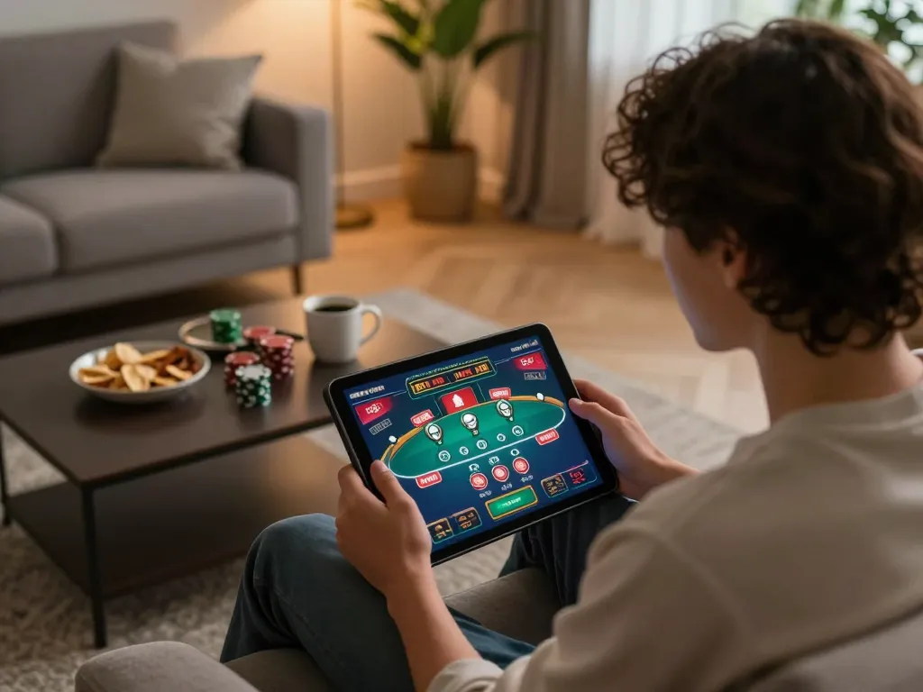 Person engaged in online gaming on GG88 platform, showcasing interactive poker gameplay on tablet while relaxing at home