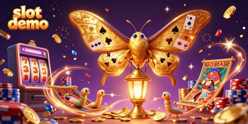 Menangkan hadiah dari slot demo dengan karakter kupu-kupu raksasa dan suasana kasino yang berkilauan.