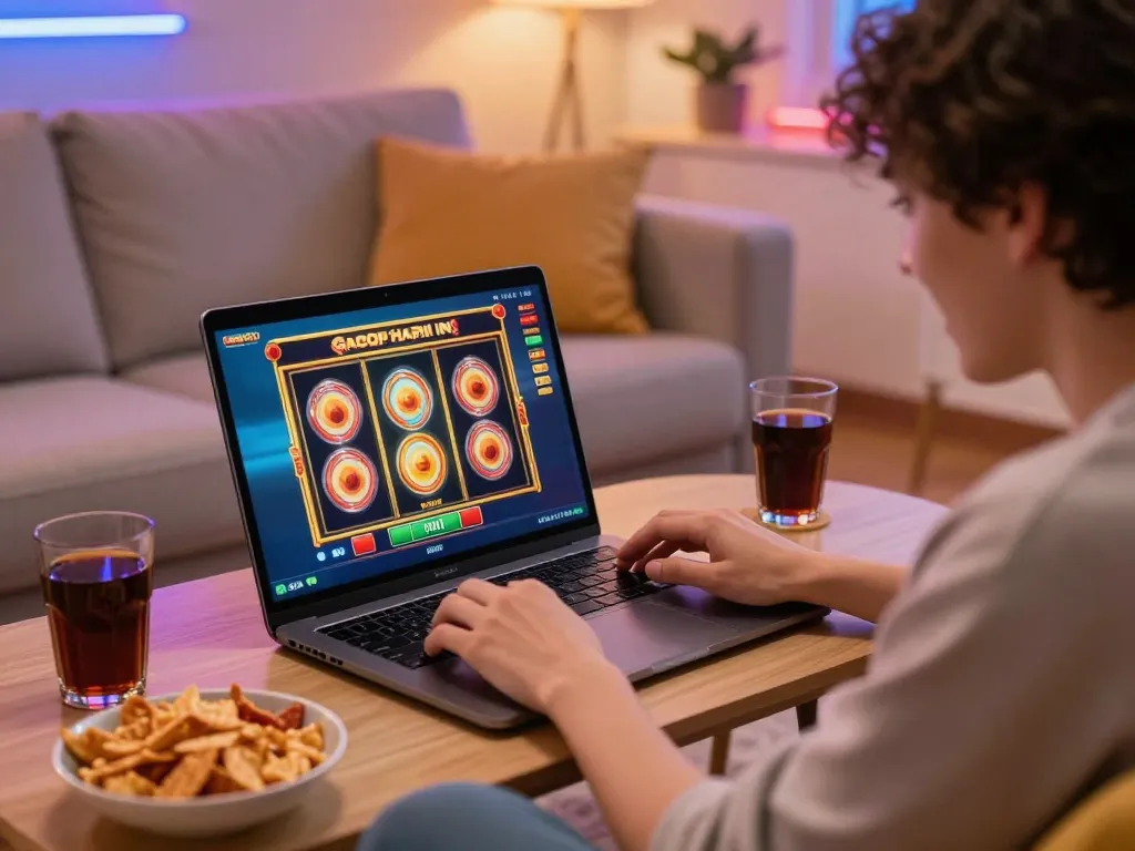 Engaging with slot gacor hari ini on laptop during cozy home gaming session