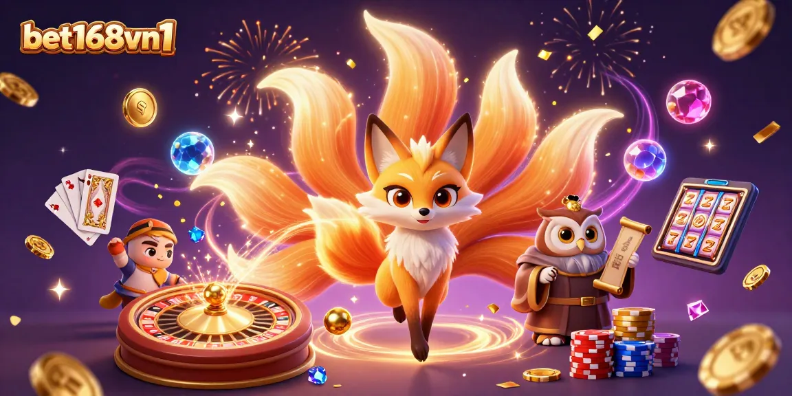 Bet168vn1 showcases a vibrant casino scene with a nine-tailed fox and magical elements.