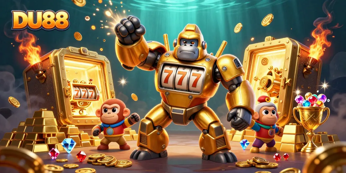 Experience thrilling wins with DU88 as a golden gorilla mech bursts with coins in a dynamic casino scene.