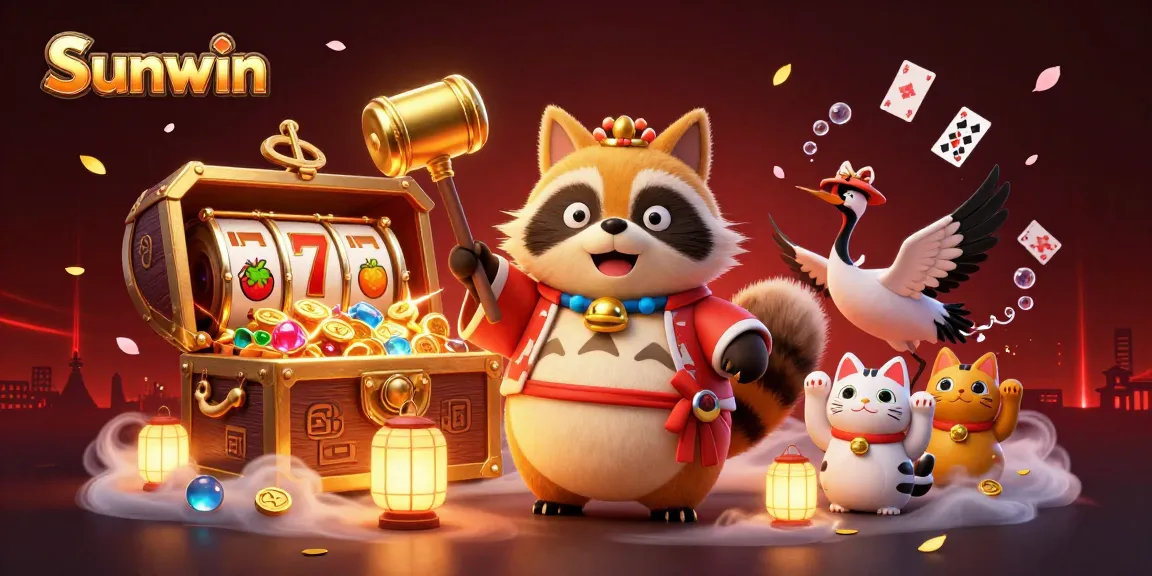 Sunwin brings excitement with cheerful tanuki and vibrant casino symbols in a lively 3D scene.